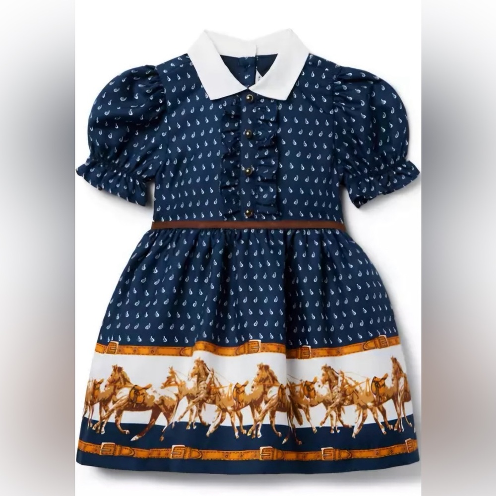 Janie and Jack Navy, White, and Brown Horse Print Dress